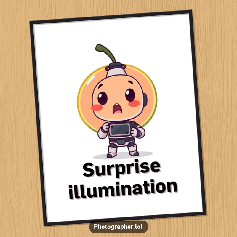 Funny poster depicting a surprised fruit item being photographed by a tiny robot, a quirky and humorous piece of art for any wall.