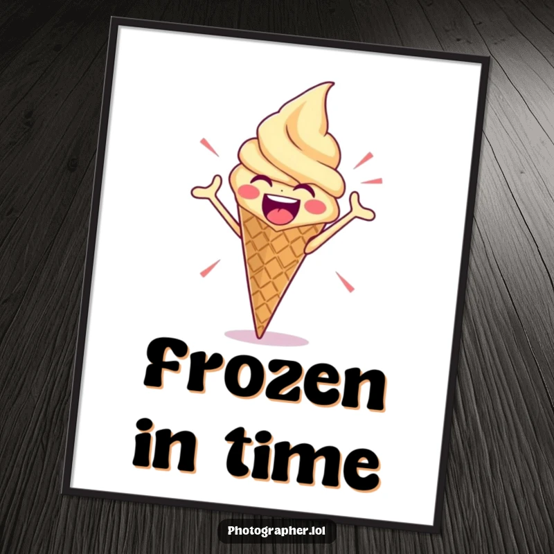 Funny poster depicting an enthusiastic ice cream cone striking a dramatic pose, a whimsical and humorous piece of art for any wall.
