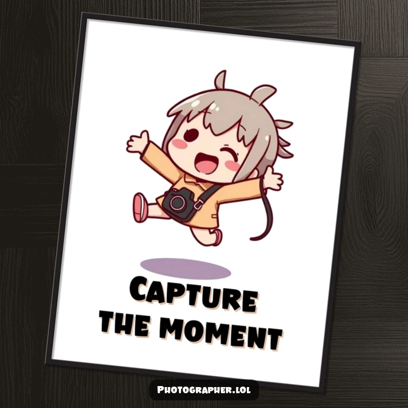 Funny kawaii poster art of an excited character jumping with a camera bag, celebrating the joy of photography.