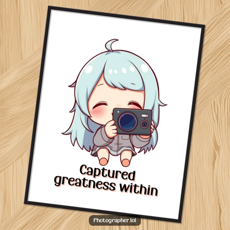 Funny poster print of a character giggling while reviewing a photo on their camera, perfect quirky wall decor.