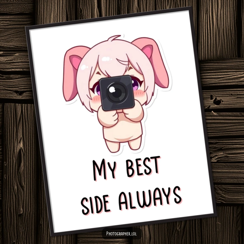 Funny poster print of a character pointing a camera directly forward with a big smile, conveying happiness and focus.