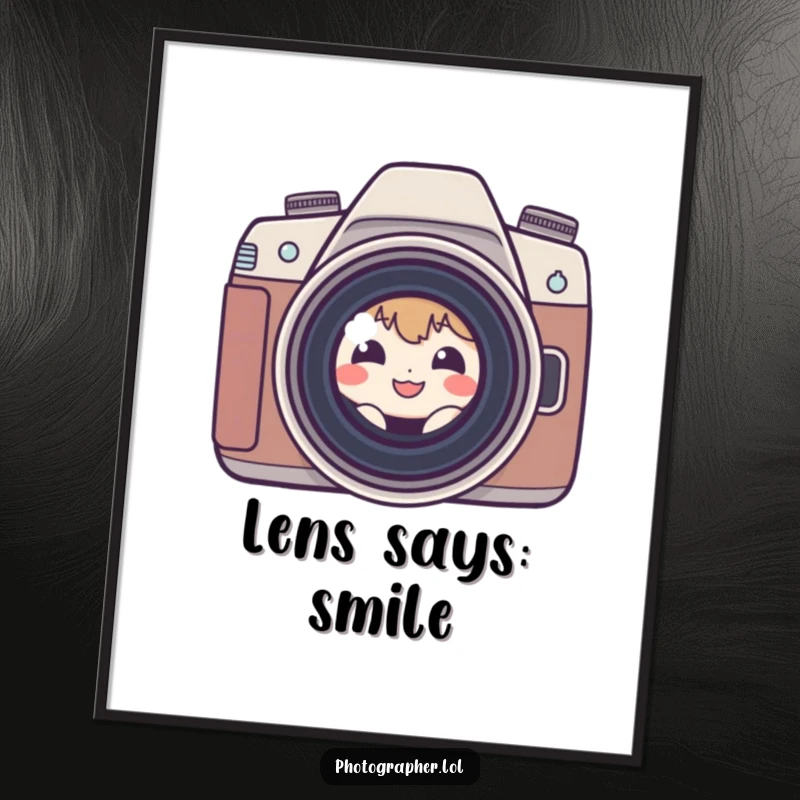 Funny shy photographer poster of a small character grinning from behind a camera lens, celebrating the art of photography humorously.