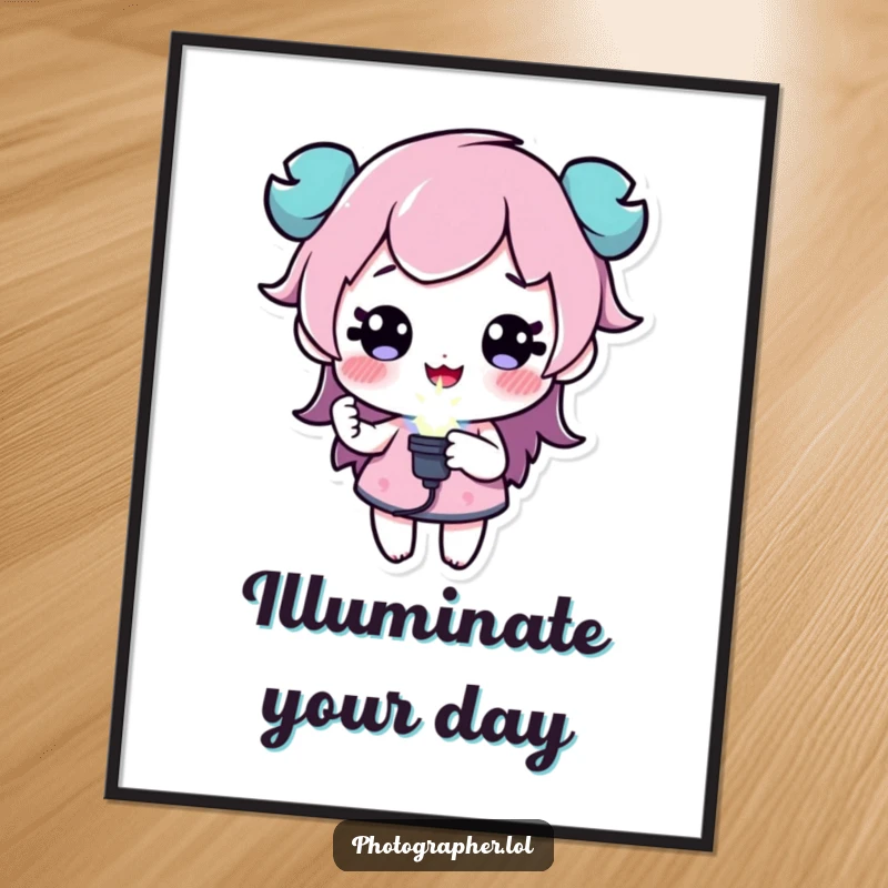 Funny poster of a character holding a sparkling flash bulb, representing bright ideas and creativity, a great funny gift.