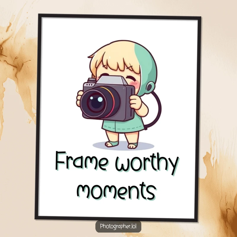 Funny poster art depicting a miniature character joyfully snapping a photo with a substantial vintage camera.