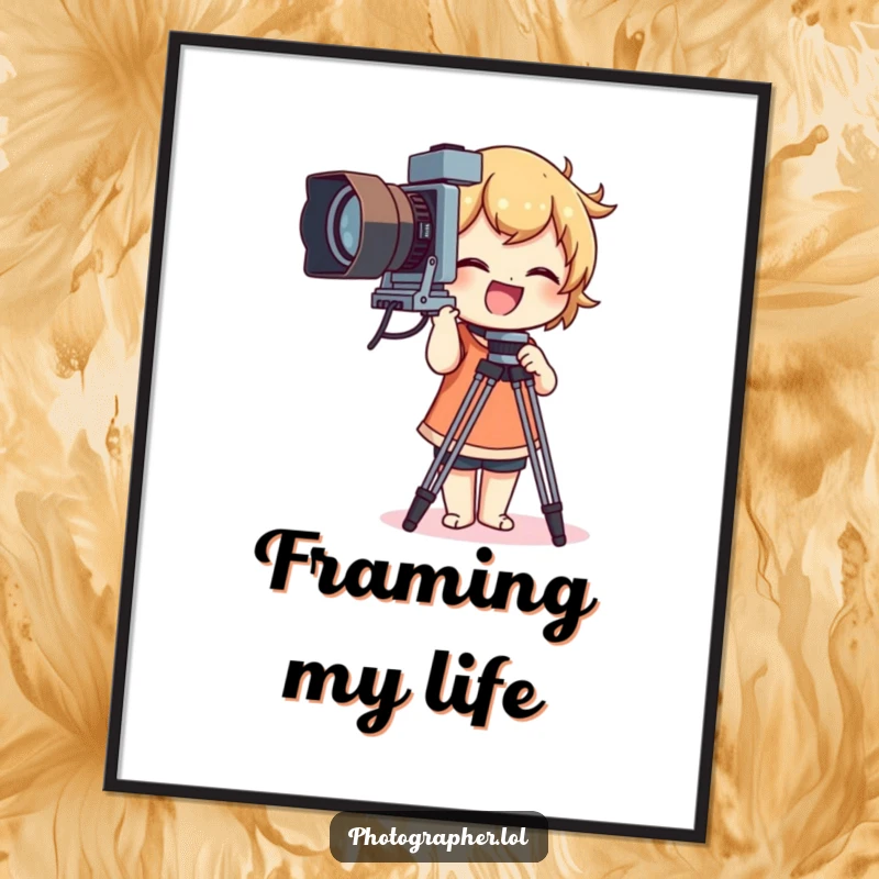 Funny poster of a character giggling while adjusting a large vintage camera tripod, depicting the fun of photography.