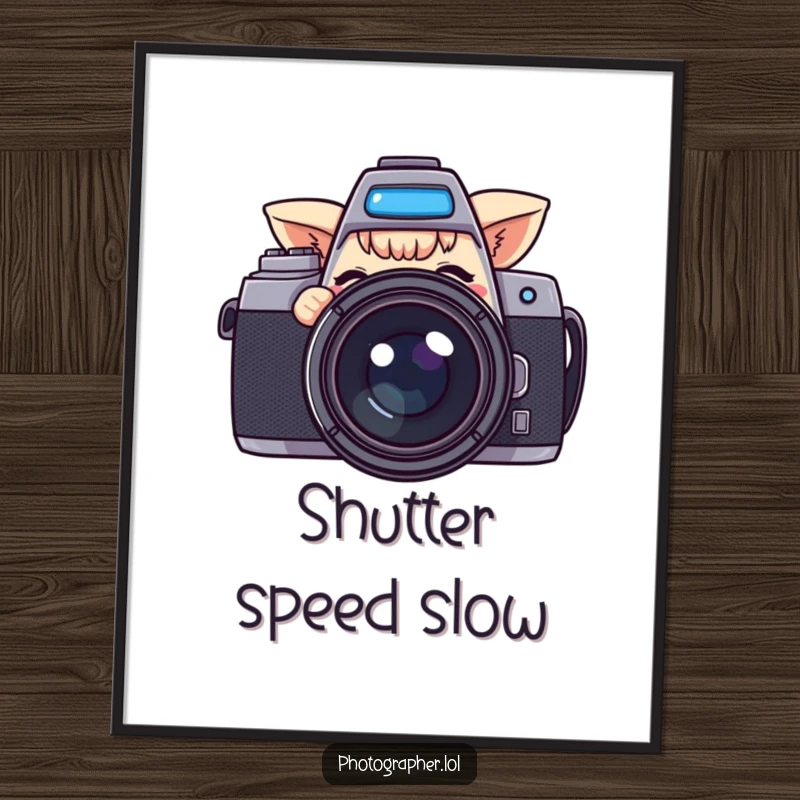 Funny poster art of a character peeking from behind a large camera, giving a knowing wink, perfect for adding humor to decor.