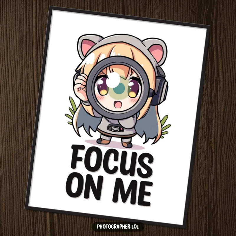 Funny poster art of a character zooming in with a comically exaggerated lens, artistic and humorous.