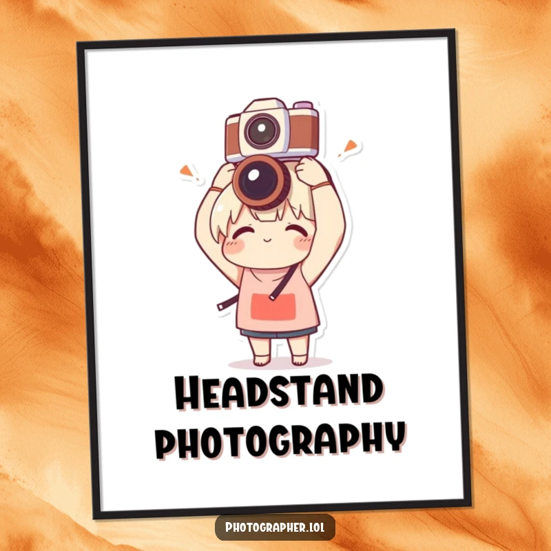 Funny poster showing a character balancing a camera on their head with clumsy delight, bringing a whimsical and humorous vibe to any room.