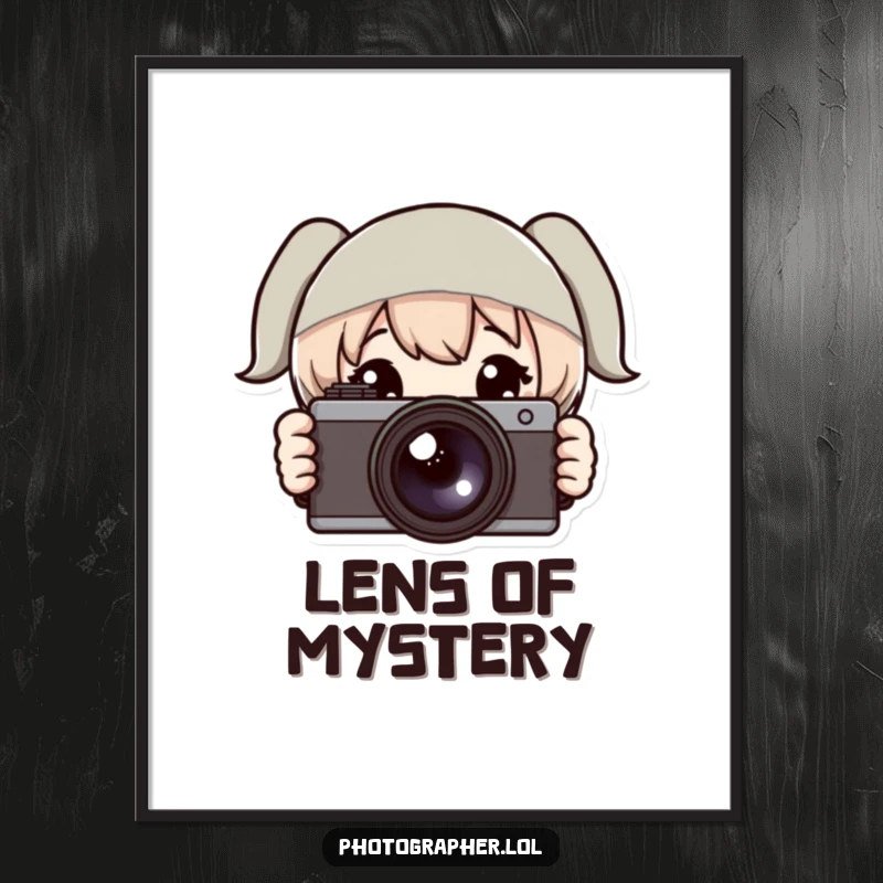 Funny poster depicting a character peeking with wide eyes from behind a camera, adding a humorous and artistic touch to any room.