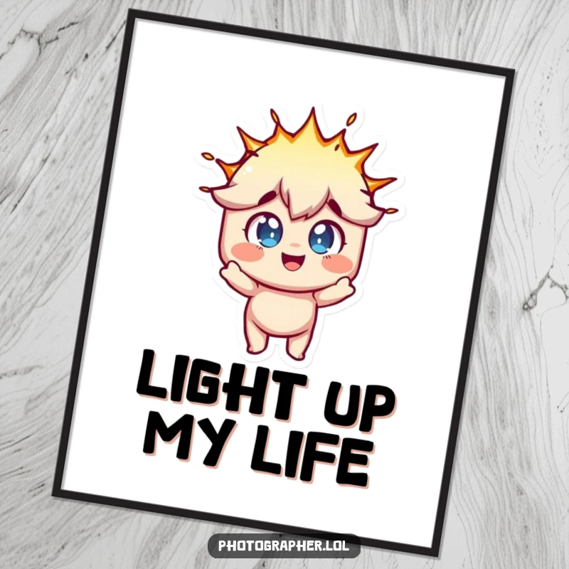 Funny poster print of a character with eyes wide with fun, reacting to a flash bulb explosion, full of energy.