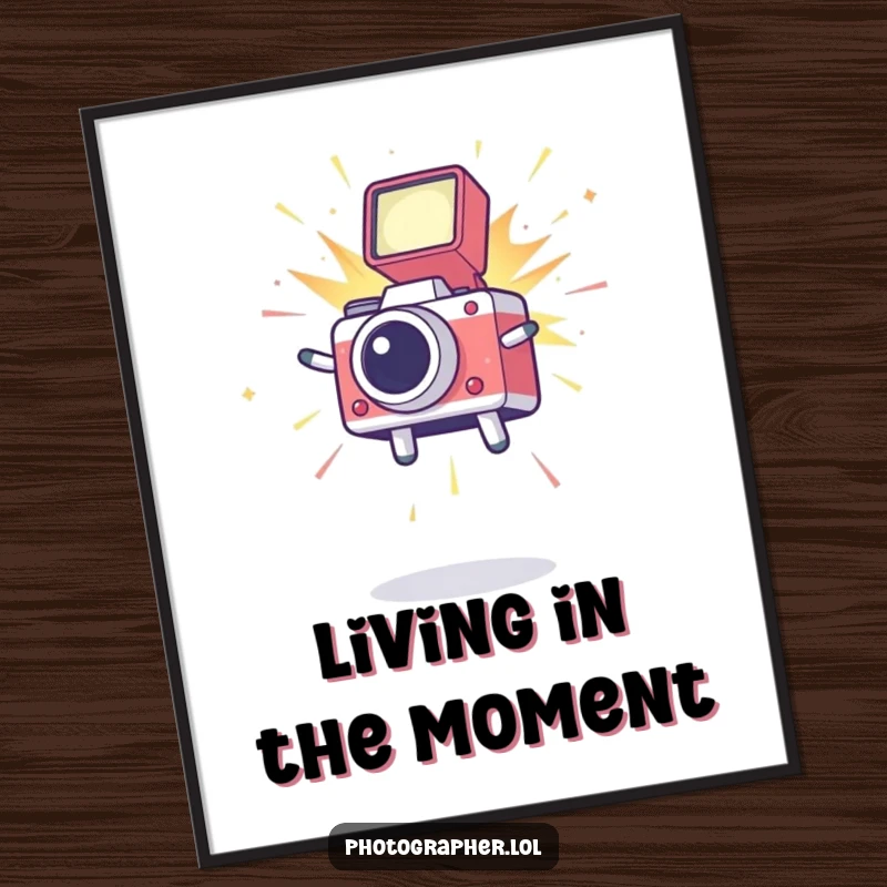 Funny poster art of a cute icon leaping joyfully with a bright camera flash exploding, ideal for photography studio or home decor.