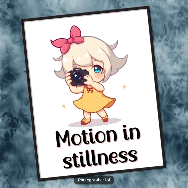 Funny poster showing a character joyfully dancing with a camera, a happy blur of motion, celebrating photography's energy.