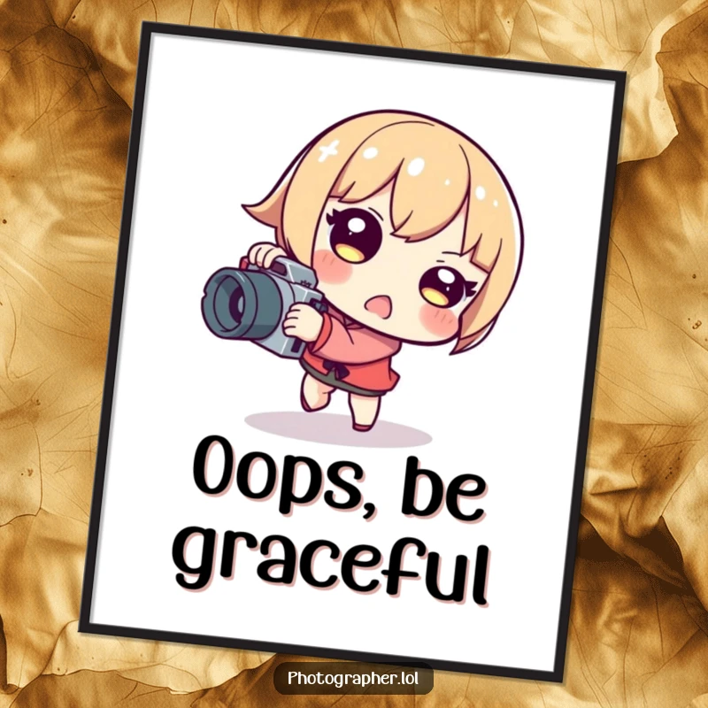 Funny tripping photographer poster of a character stumbling with a camera, displaying a surprised and playful expression.