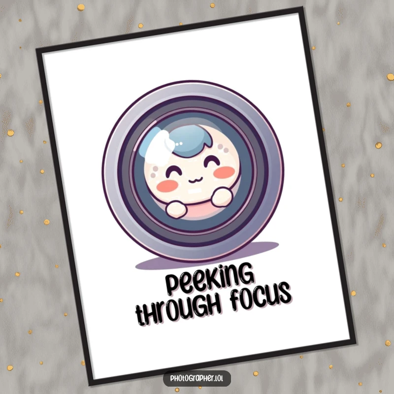 Funny blushing character hiding behind a huge camera lens and peeking out, whimsical wall art for shy photographers.