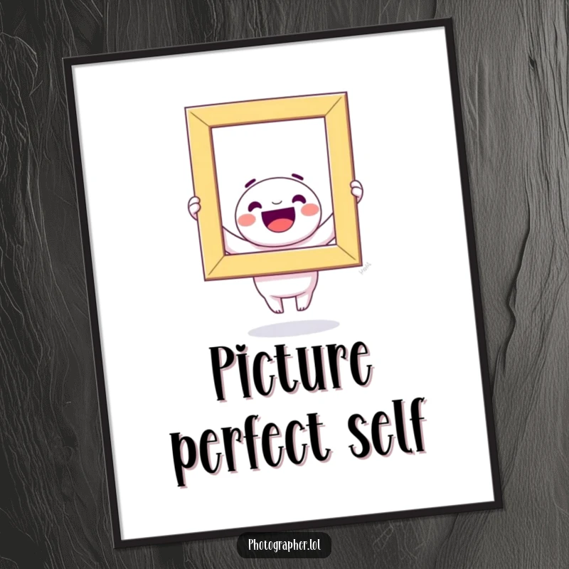 Funny Poster: A happy kawaii character beams while holding a gigantic, colorful photo frame mid-air, radiating joy.