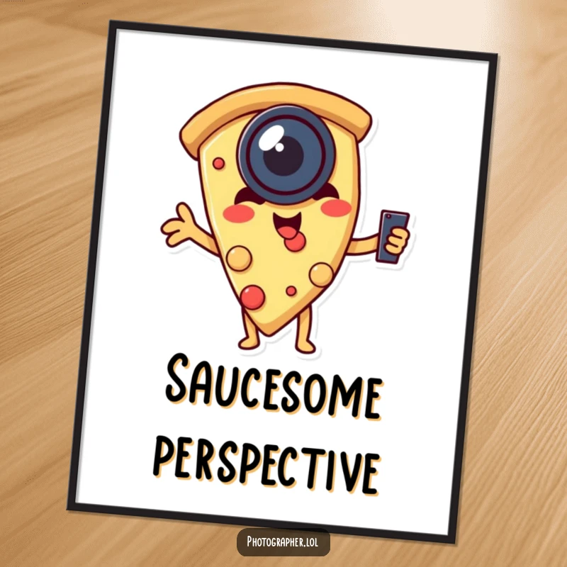 Funny poster featuring a pizza slice cleverly using a lens to take its own selfie, a humorous and artistic take on food.