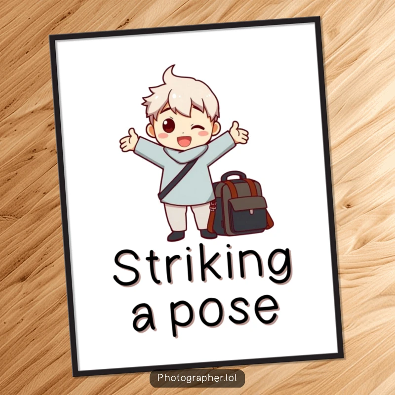 Funny poster showing a character in a comical pose with arms outstretched next to a camera bag, celebrating photography fun.