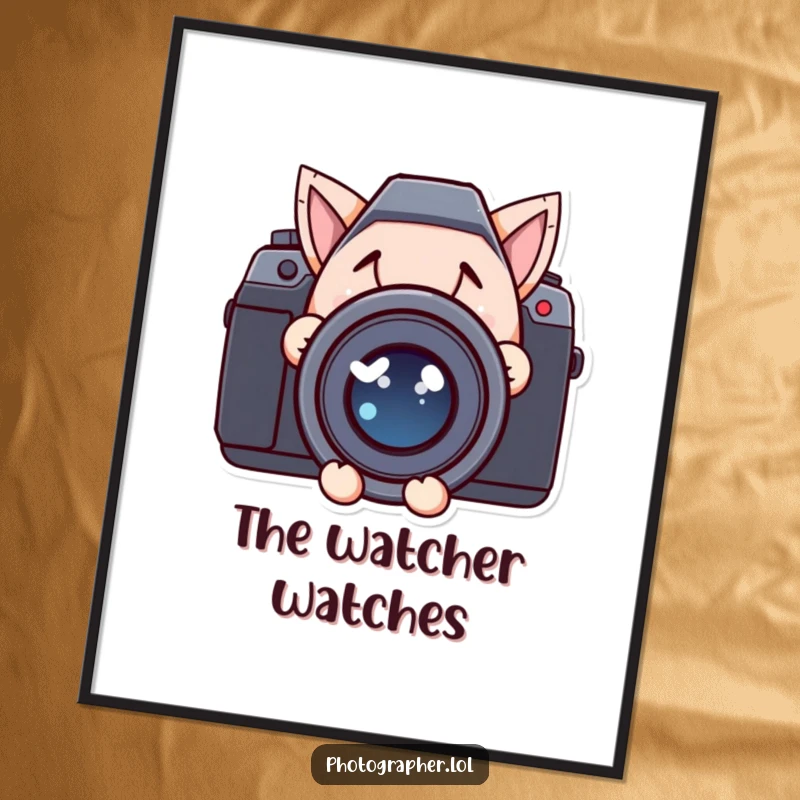 Funny poster art of a character with a mischievous grin peeking out from behind a large, prominent camera lens.