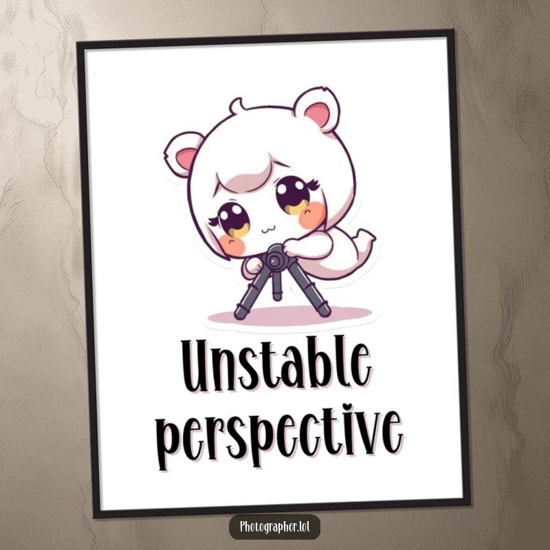 Funny Poster: A tiny, wide-eyed character is hilariously tumbling and falling while entangled with a camera tripod.