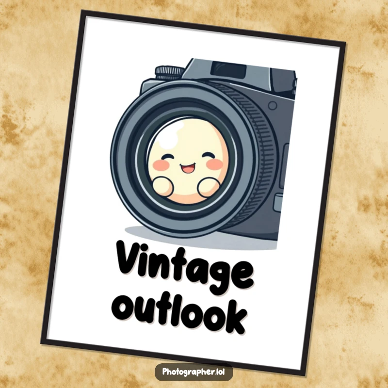 Funny poster art of a cute blob character giggling while peeking through a vintage camera lens, capturing a moment of playful, retro charm.