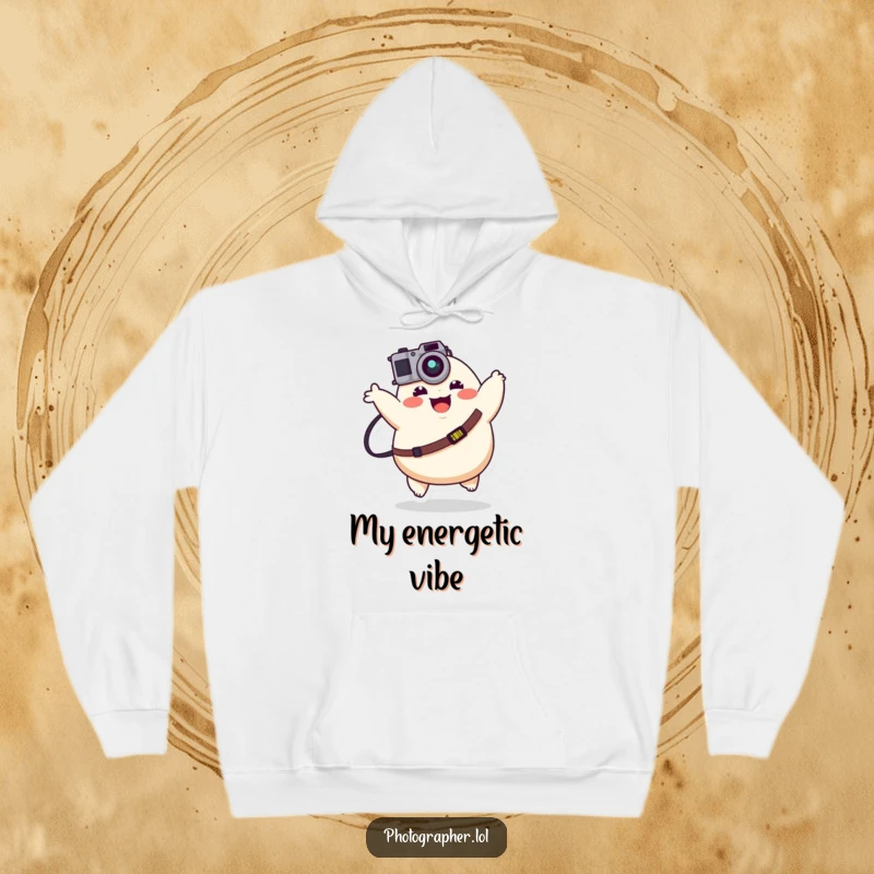 Funny plump character joyfully bouncing with a camera strap, a cozy and humorous hoodie for happy creatives.