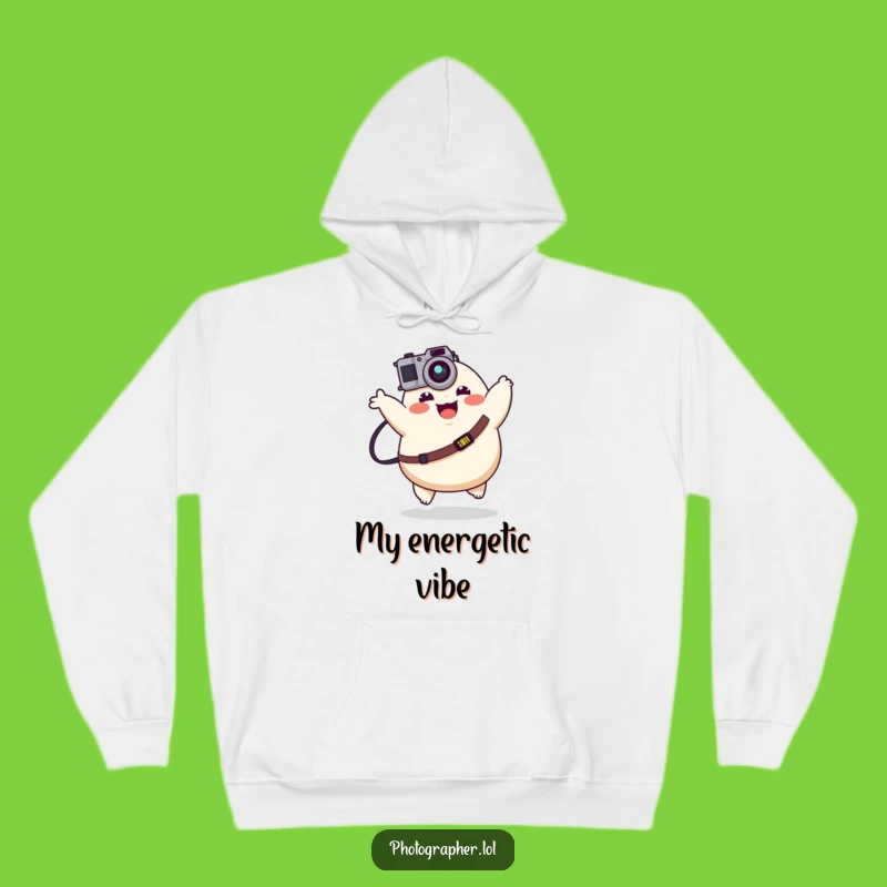 Stay warm and radiate joy with this funny hoodie. A happy character bounces with a camera, perfect for creative outings.