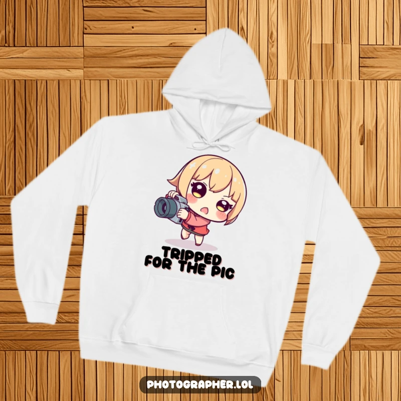 Funny tripping photographer hoodie depicting a character stumbling while holding a camera, with a funny, surprised expression.
