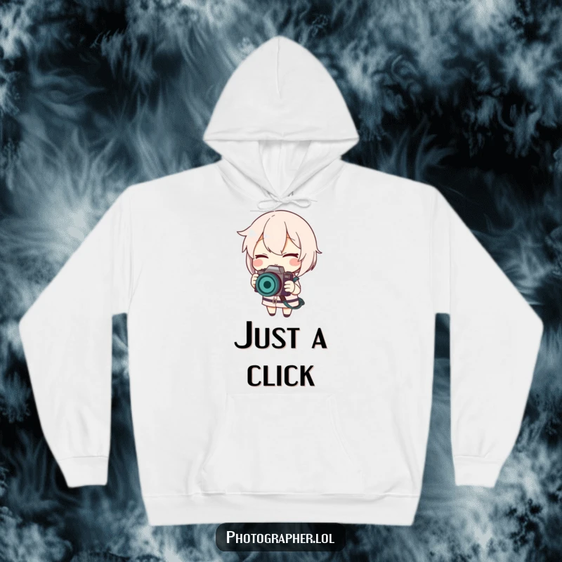 Funny hoodie featuring a smiling, winking character adjusting a camera strap, ideal for comfortable and stylish wear.