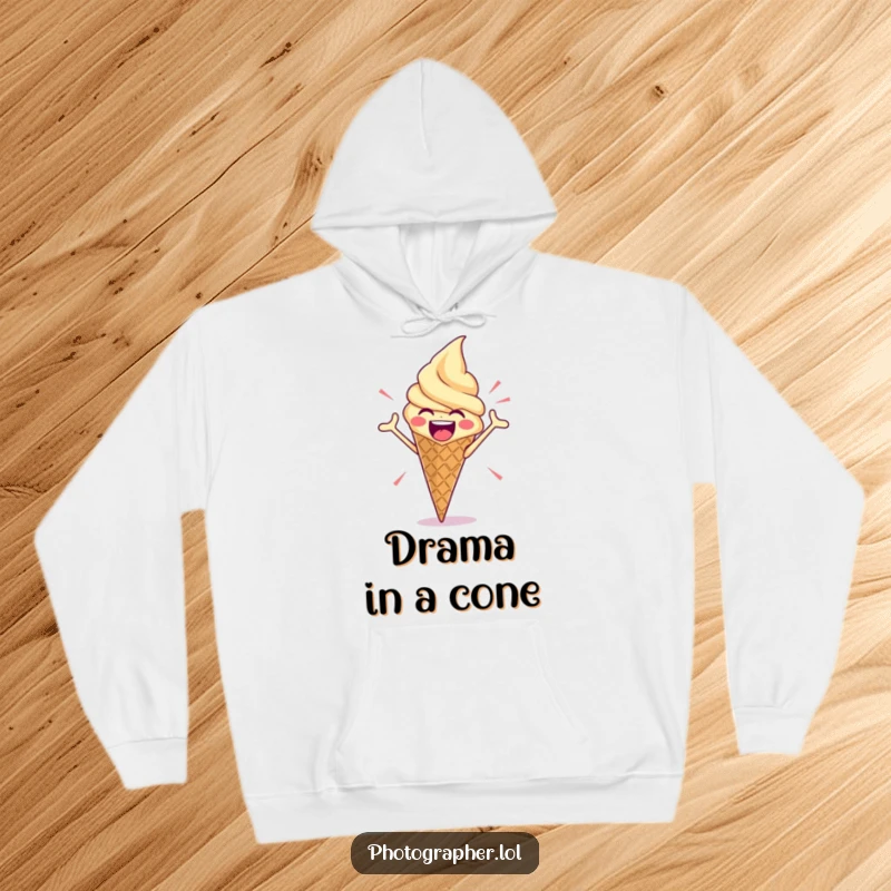 Funny hoodie featuring an enthusiastic ice cream cone striking a bold and dramatic pose, a delightful blend of comfort and flair.