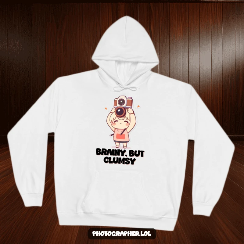 Funny hoodie depicting a character hilariously balancing a camera on their head with clumsy delight, ideal for cozying up with a laugh.