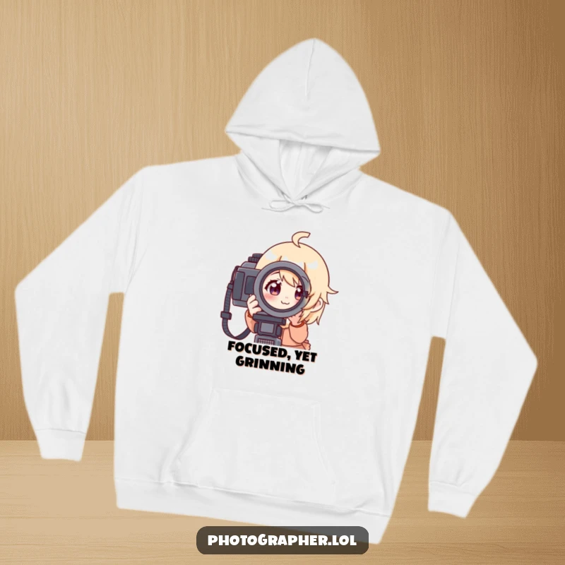 Funny hoodie featuring a character looking through a camera viewfinder with a focused and cheerful expression, ideal for staying warm and inspired.