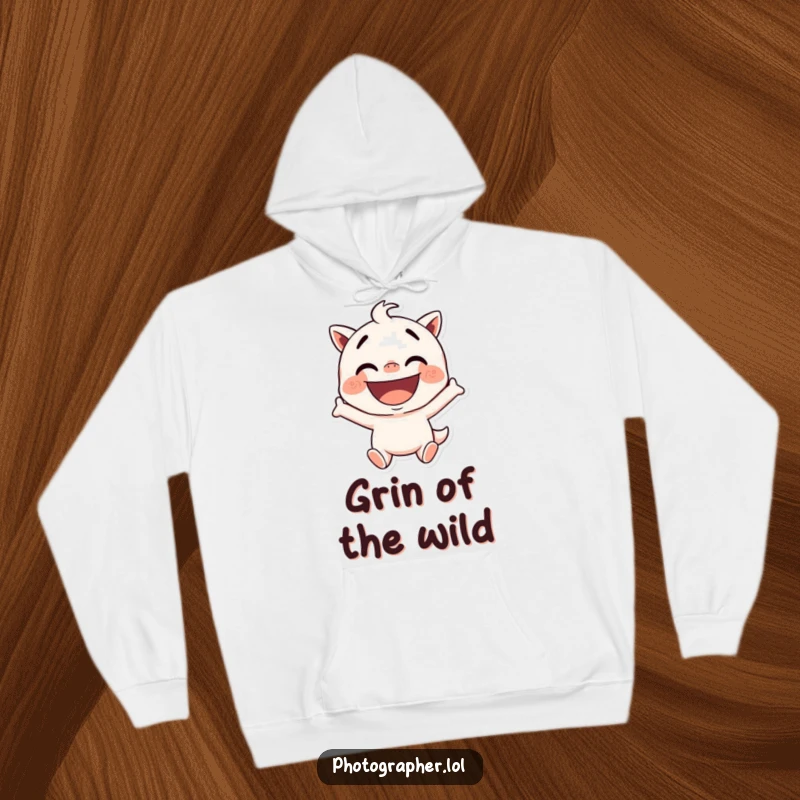 Funny hoodie depicting a character striking a silly pose with a wide, excited grin, perfect for cozying up with a smile.
