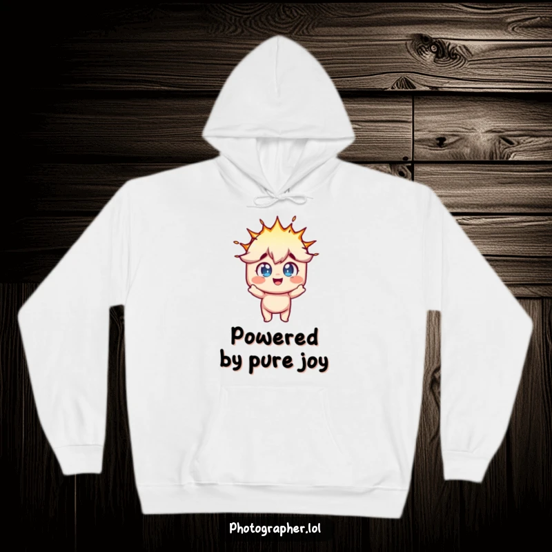 Funny hoodie featuring a character with wide, fun-filled eyes reacting to a flash bulb explosion, a vibrant design.