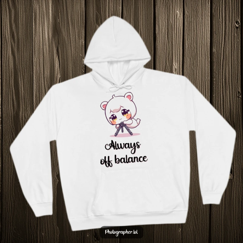 Funny Hoodie: A small character with big eyes is caught in a funny tumble, entangled with a camera tripod.