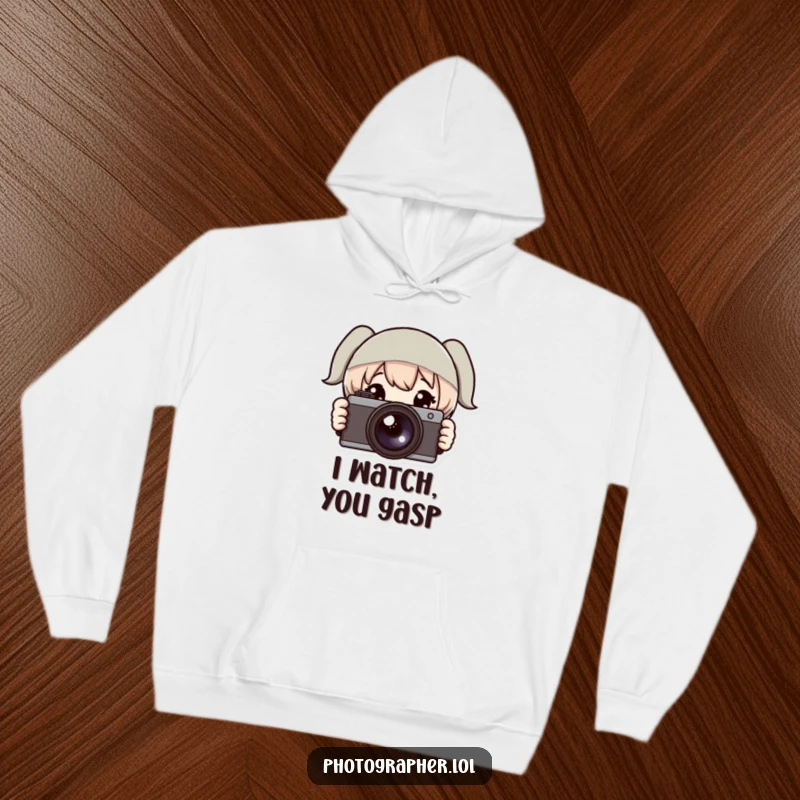 Funny hoodie with a character peeking from behind a camera, wide-eyed and ready to capture the shot, a great gift for shy photographers.