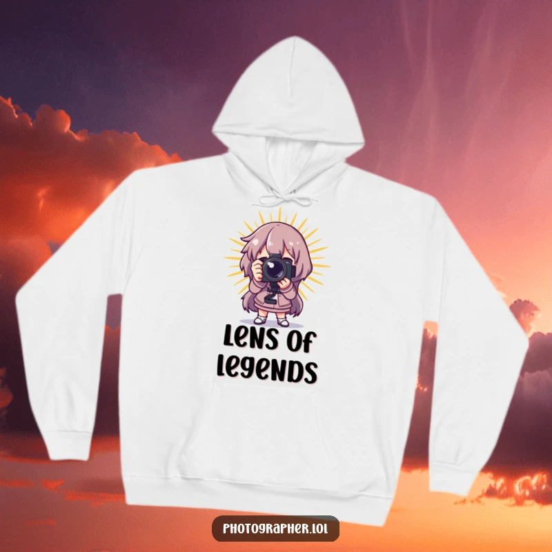 Funny photographer hoodie, a character posing dramatically with a camera and a starburst, offering warmth and artistic expression.
