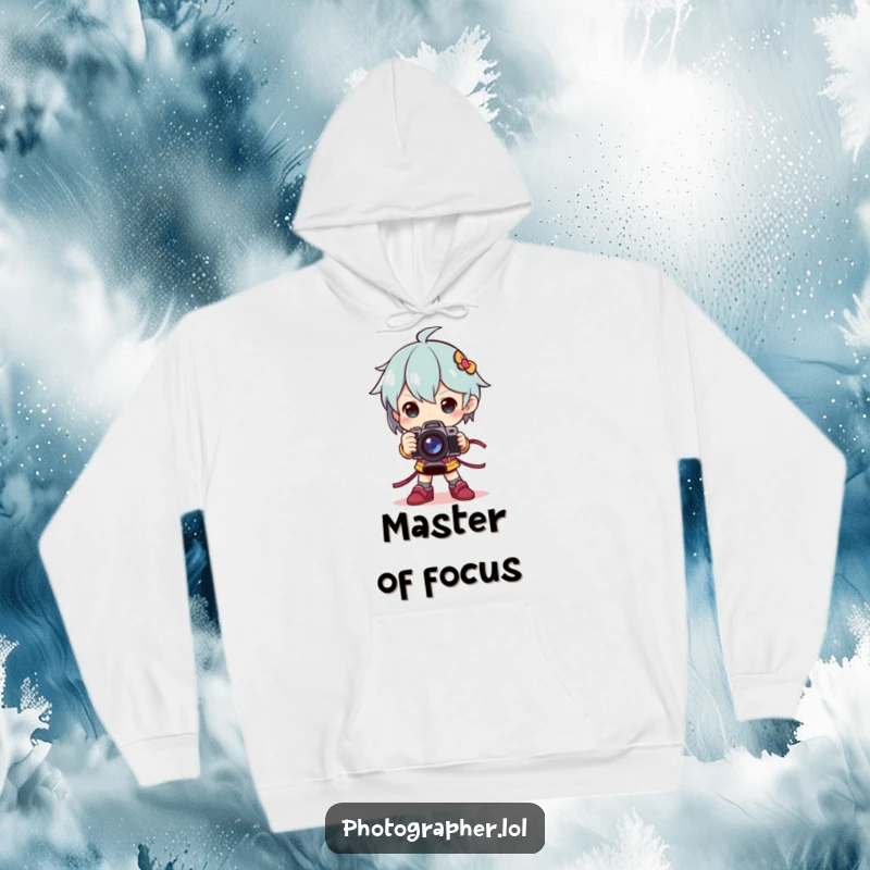 Funny hoodie with a character striking an epic pose, holding a camera like a trophy, providing warmth and pride.