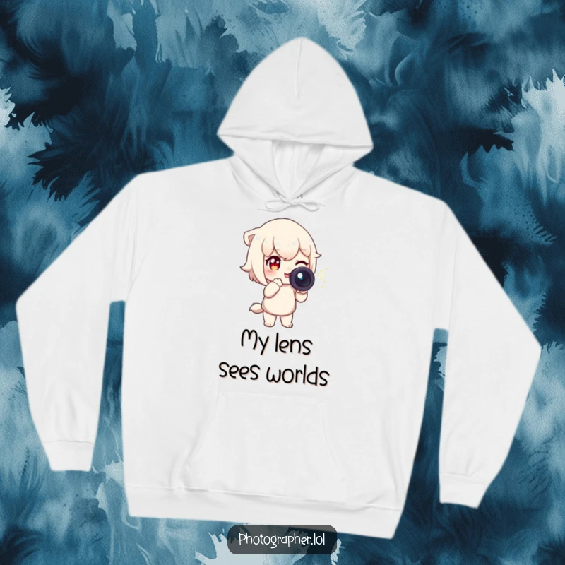 Funny Hoodie featuring a character winking and pointing a camera with a sparkling light trail, cozy and humorous for photographers.