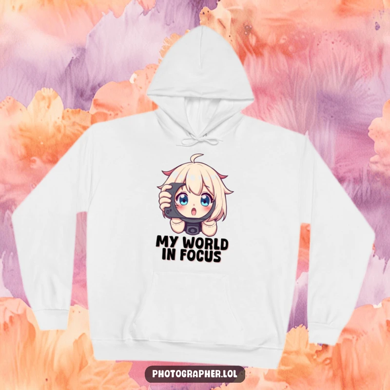 Funny hoodie depicting a character excitedly framing a shot, peeking through a viewfinder with wide eyes, a humorous photography item.