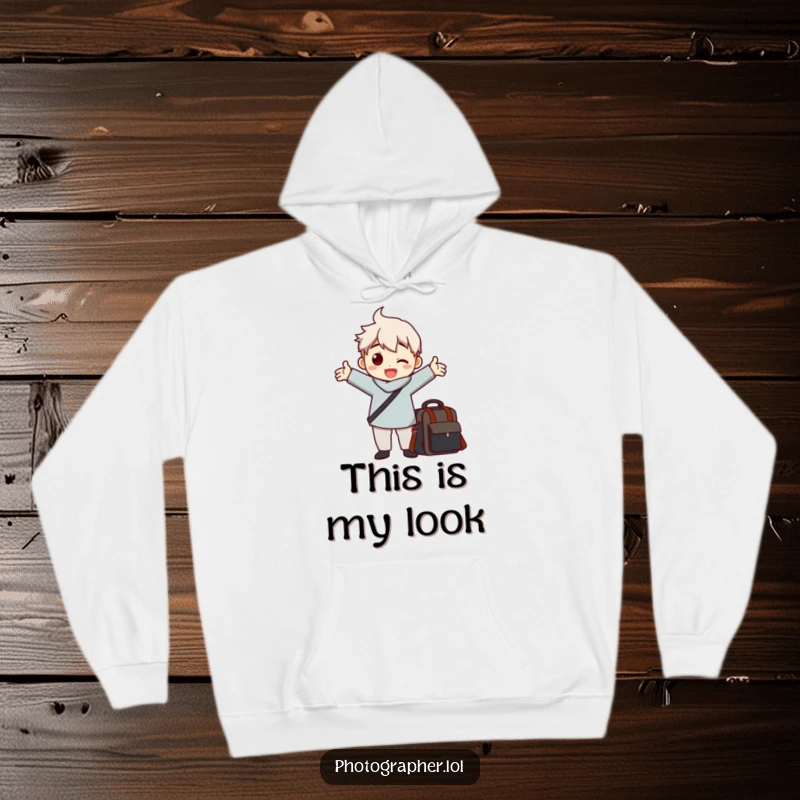 Funny hoodie of a character posing dramatically with arms out next to a camera bag, a humorous photography item.