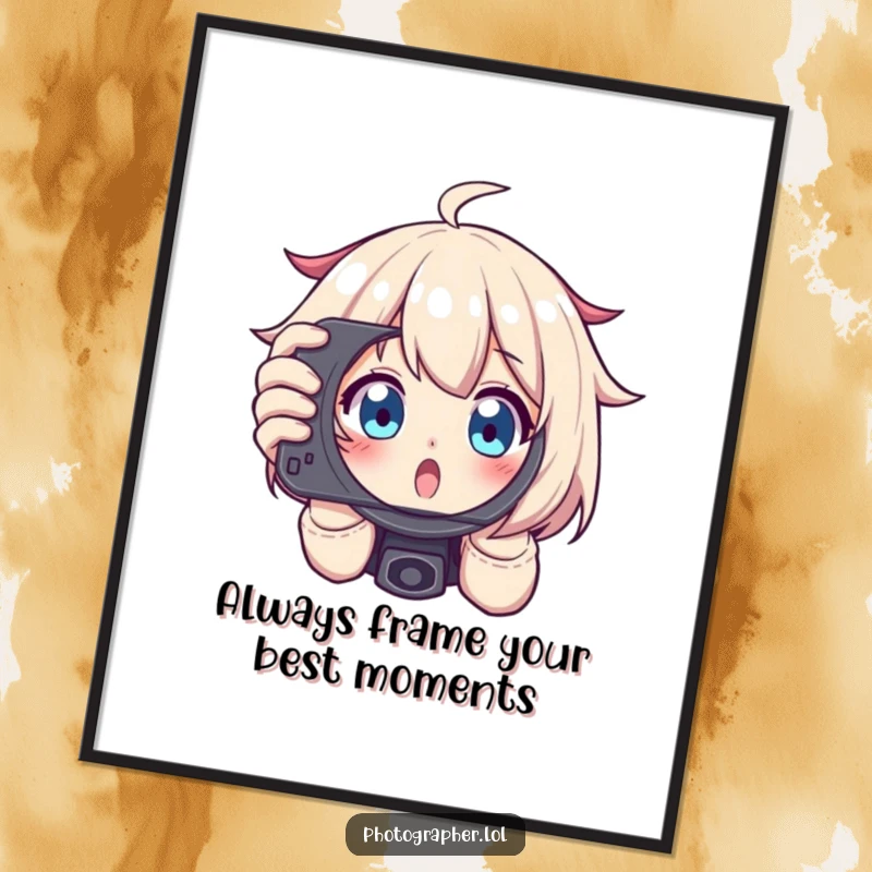 Funny Free Printable Wall Art: A character excitedly peeking through a camera viewfinder with wide eyes, framing a shot.