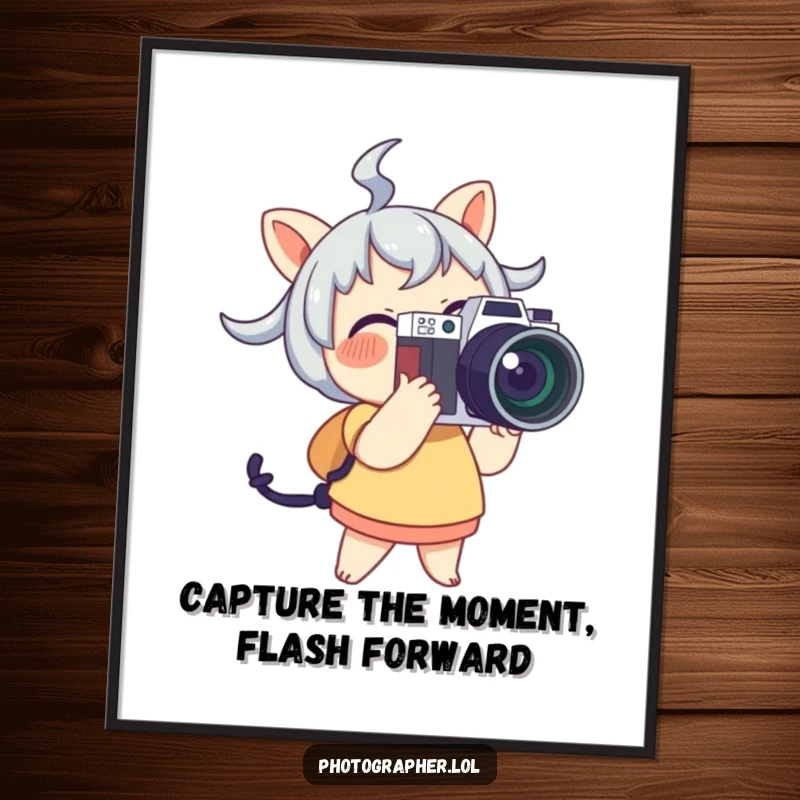 Funny Free Printable Wall Art: Cute character joyfully holding a large camera with a flash, adding a cheerful photographic vibe.