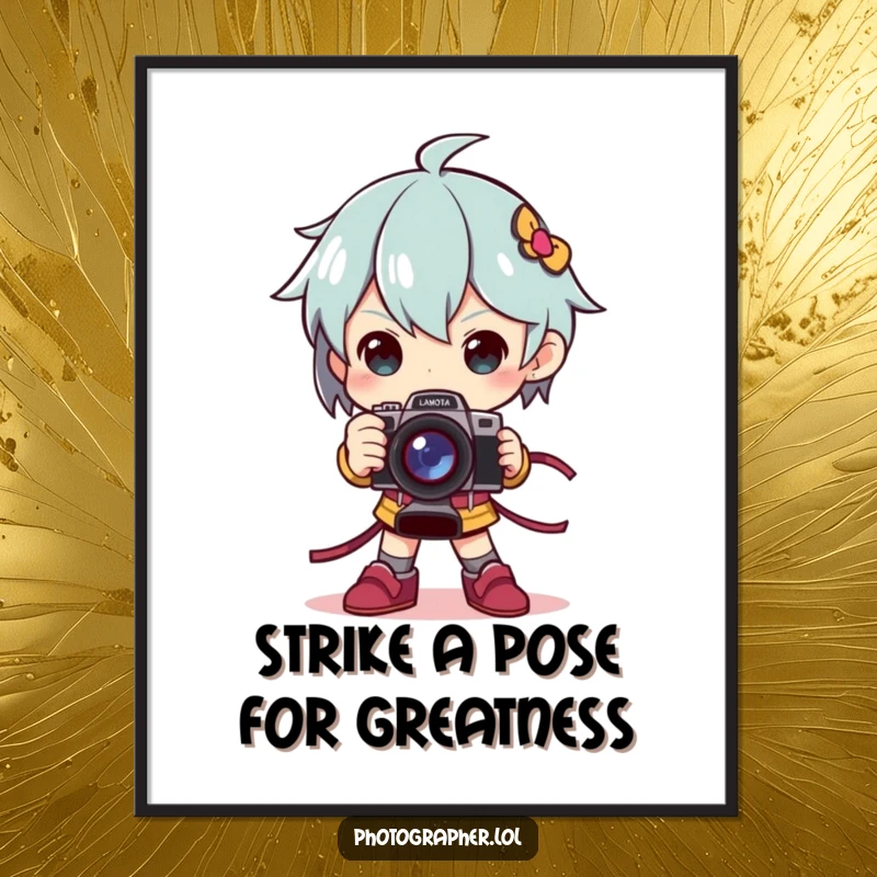 Funny Free Printable Wall Art: Character striking a dramatic pose, holding a camera like a trophy, regal and artistic.