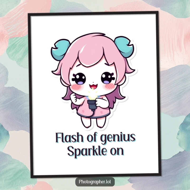 Funny Free Printable Wall Art: A cheerful character beams while holding a flash bulb that emits vibrant, celebratory sparkles.