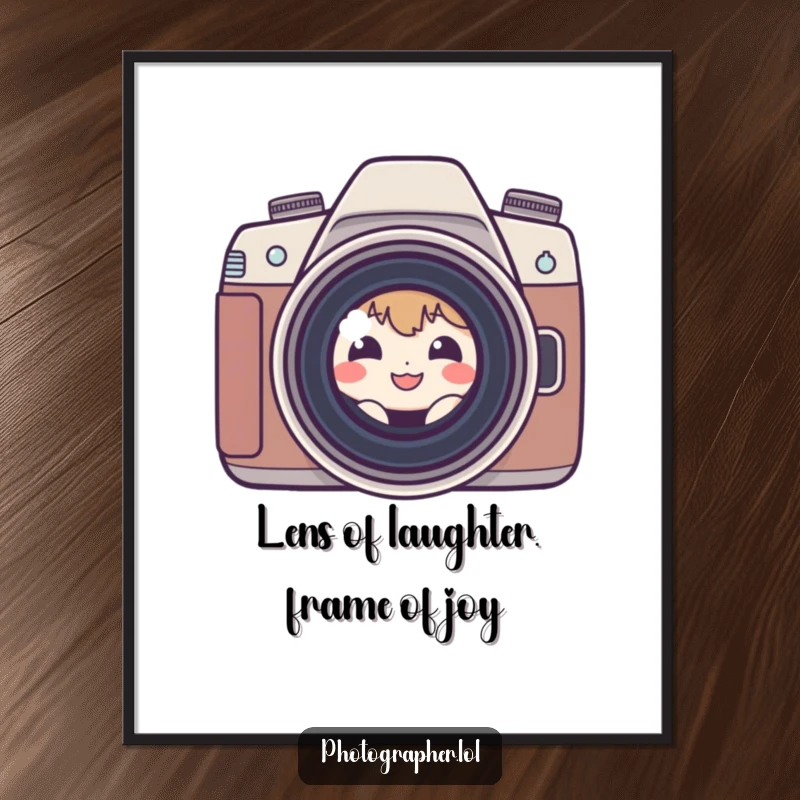 Funny Free Printable Wall Art: Shy character peeking from camera lens, grinning, humorous downloadable decor.