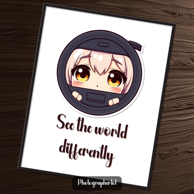 Funny free printable wall art of a character with wide, surprised eyes peering intently through a camera viewfinder, capturing a shocking scene.