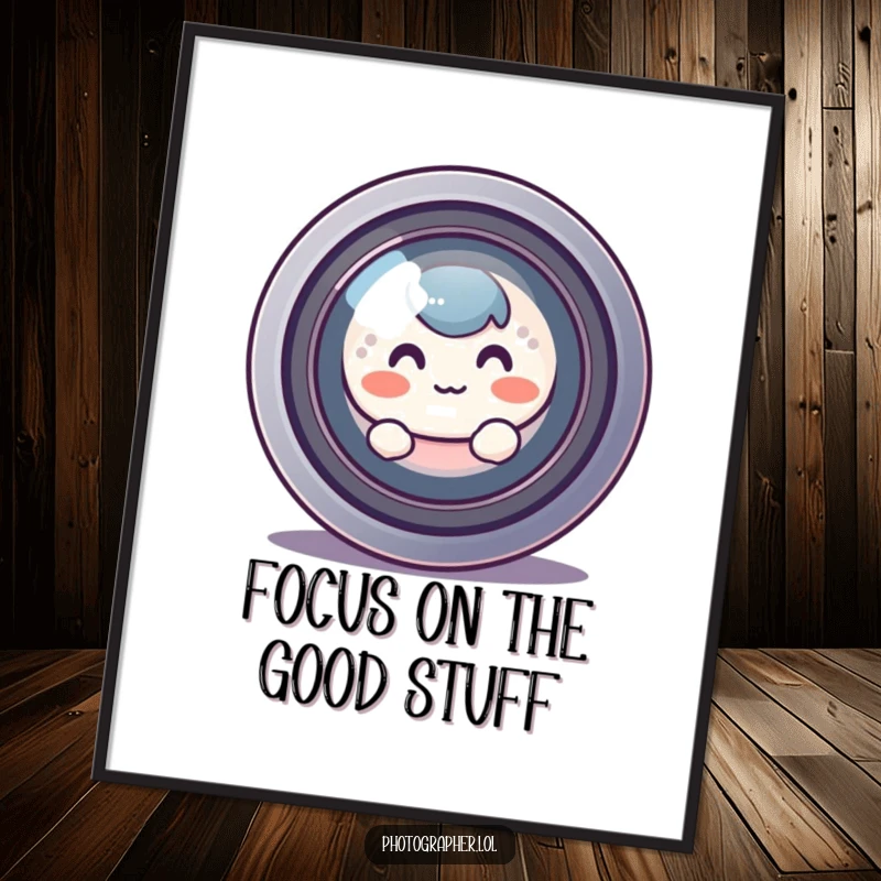 Funny free printable wall art: a round, blushing character peeks shyly from behind a giant camera lens, creating an adorable and humorous scene.