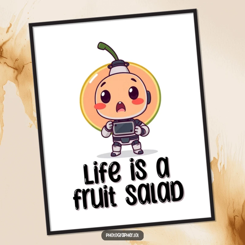 Funny free printable wall art capturing a comically surprised fruit item as it's photographed by a curious, tiny robot.