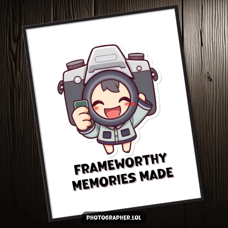 Funny Free Printable wall art: A character grins widely, joyfully pressing a camera's shutter button.