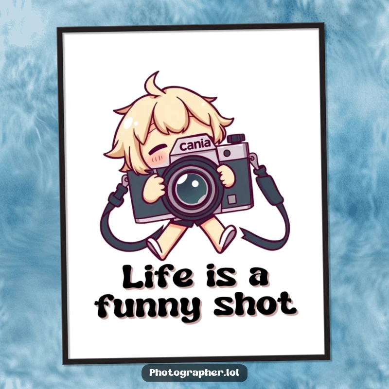 Funny Free Printable Wall Art: Character trips over camera strap, flailing arms and legs, great DIY.